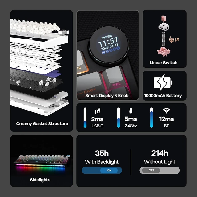 Alt view image 3 of 7 - AJAZZ AK820V2 75% Wireless Gaming Keyboard with 0.9 TFT Display Screen & Knob, Gasket Mechanical Creamy Keyboard with 10000mAh Battery, Hot Swappable, RGB for Win/Mac (Gradient Black)