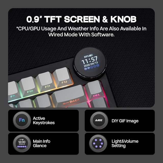 Alt view image 4 of 7 - AJAZZ AK820V2 75% Wireless Gaming Keyboard with 0.9 TFT Display Screen & Knob, Gasket Mechanical Creamy Keyboard with 10000mAh Battery, Hot Swappable, RGB for Win/Mac (Gradient Black)