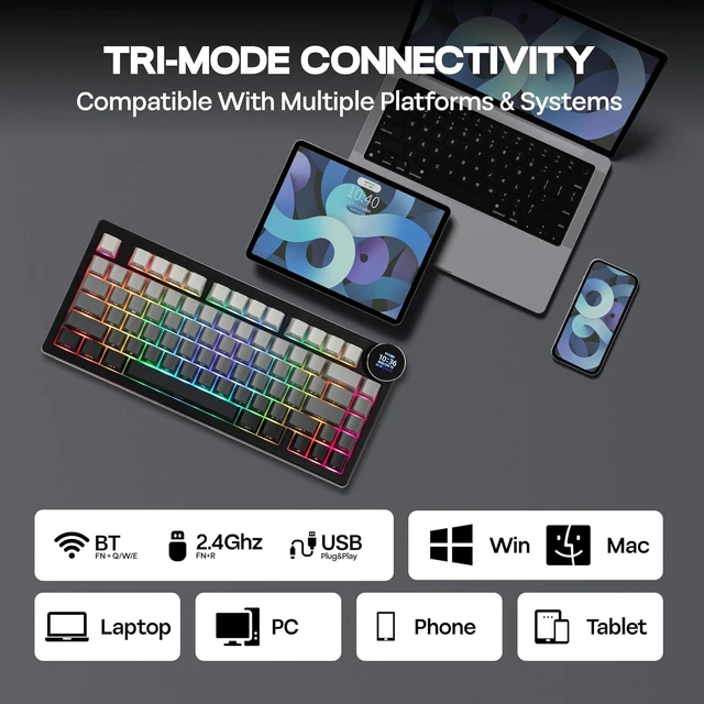 Alt view image 7 of 7 - AJAZZ AK820V2 75% Wireless Gaming Keyboard with 0.9 TFT Display Screen & Knob, Gasket Mechanical Creamy Keyboard with 10000mAh Battery, Hot Swappable, RGB for Win/Mac (Gradient Black)