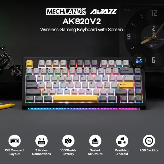 Alt view image 2 of 7 - AJAZZ AK820V2 75% Wireless Gaming Keyboard with 0.9 TFT Display Screen & Knob, Gasket Mechanical Creamy Keyboard with 10000mAh Battery, Hot Swappable, RGB for Win/Mac (Black Grey)