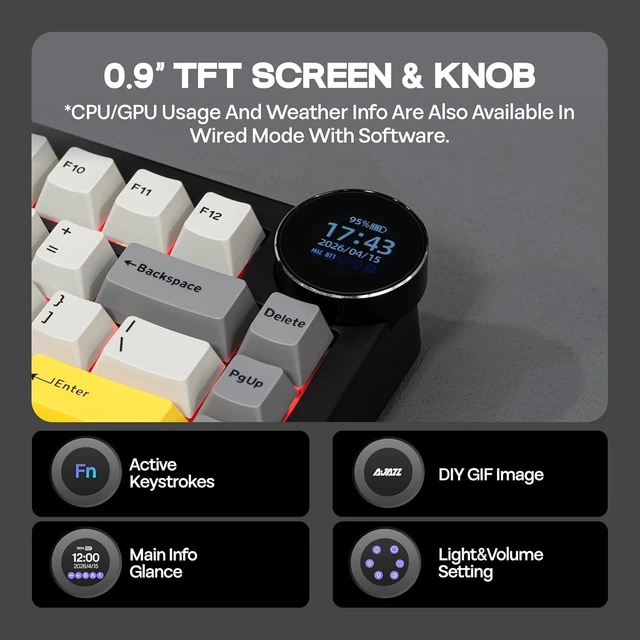 Alt view image 4 of 7 - AJAZZ AK820V2 75% Wireless Gaming Keyboard with 0.9 TFT Display Screen & Knob, Gasket Mechanical Creamy Keyboard with 10000mAh Battery, Hot Swappable, RGB for Win/Mac (Black Grey)