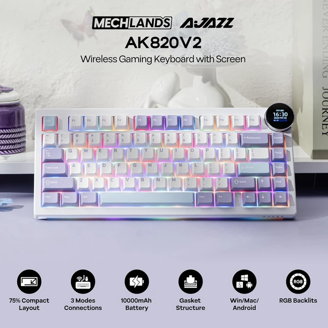 Alt view image 2 of 7 - AJAZZ AK820V2 75% Wireless Gaming Keyboard with 0.9 TFT Display Screen & Knob, Gasket Mechanical Creamy Keyboard with 10000mAh Battery, Hot Swappable, RGB for Win/Mac (White Purple)