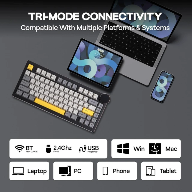 Alt view image 7 of 7 - AJAZZ AK820V2 75% Wireless Gaming Keyboard with 0.9 TFT Display Screen & Knob, Gasket Mechanical Creamy Keyboard with 10000mAh Battery, Hot Swappable, RGB for Win/Mac (Black Grey)