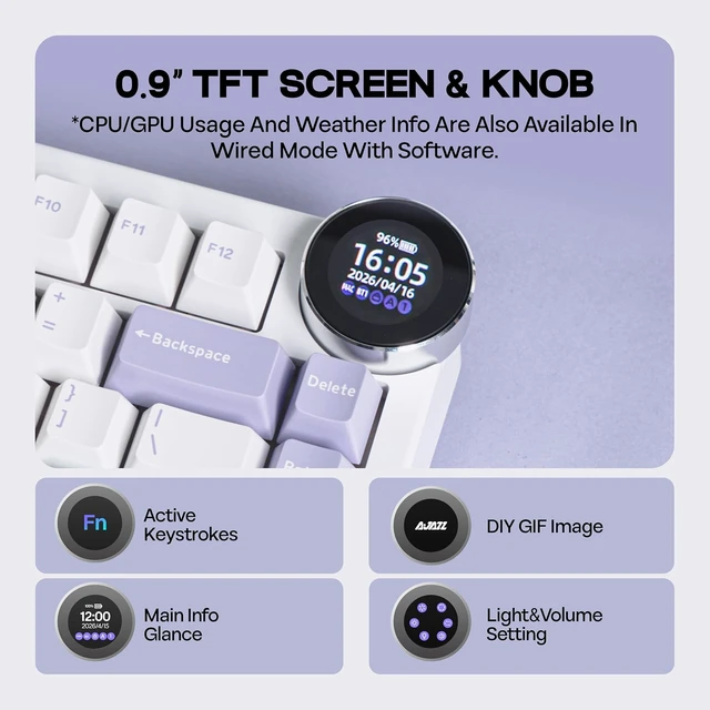 Alt view image 4 of 7 - AJAZZ AK820V2 75% Wireless Gaming Keyboard with 0.9 TFT Display Screen & Knob, Gasket Mechanical Creamy Keyboard with 10000mAh Battery, Hot Swappable, RGB for Win/Mac (White Purple)