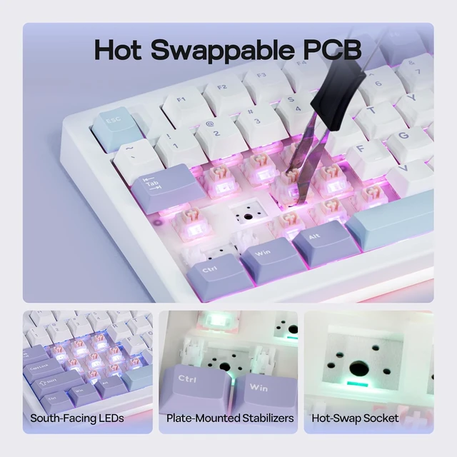 Alt view image 6 of 7 - AJAZZ AK820V2 75% Wireless Gaming Keyboard with 0.9 TFT Display Screen & Knob, Gasket Mechanical Creamy Keyboard with 10000mAh Battery, Hot Swappable, RGB for Win/Mac (White Purple)