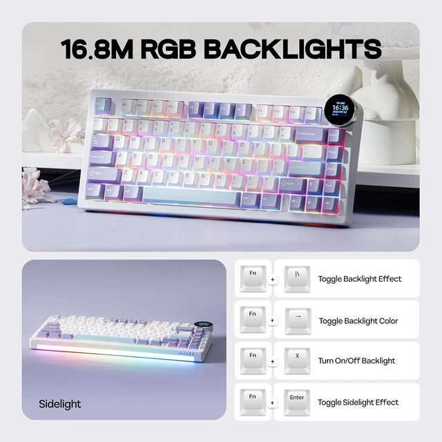 Alt view image 5 of 7 - AJAZZ AK820V2 75% Wireless Gaming Keyboard with 0.9 TFT Display Screen & Knob, Gasket Mechanical Creamy Keyboard with 10000mAh Battery, Hot Swappable, RGB for Win/Mac (White Purple)