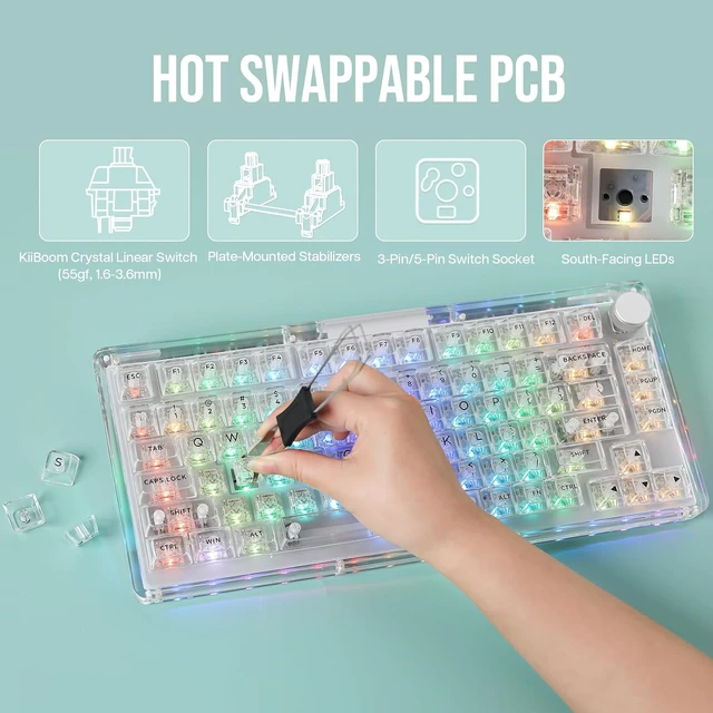 Alt view image 5 of 7 - Phantom 81 V3 75% Upgraded Crystal Gasket Mechanical Keyboard with Acrylic Transparent Keyboard Dust Cover