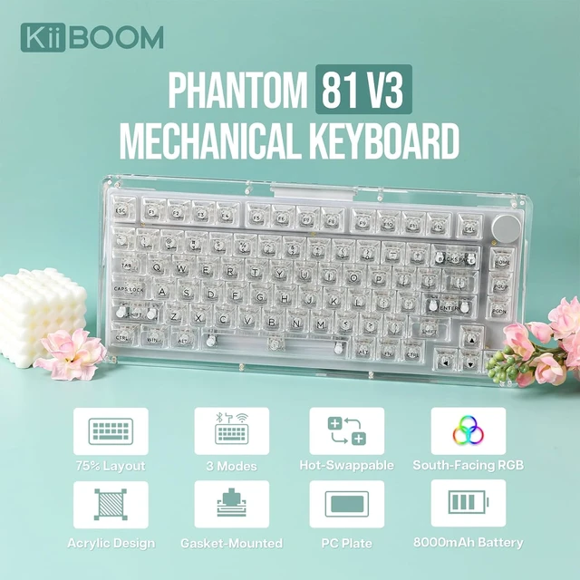 Alt view image 2 of 7 - Phantom 81 V3 75% Upgraded Crystal Gasket Mechanical Keyboard with Acrylic Transparent Keyboard Dust Cover