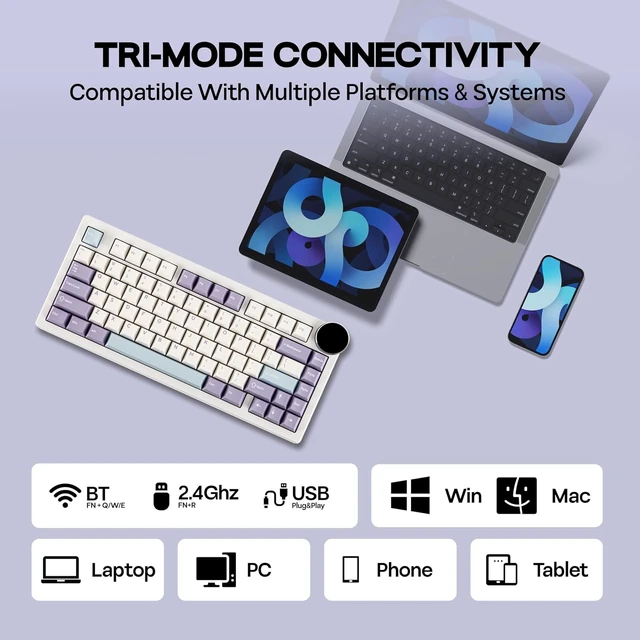 Alt view image 7 of 7 - AJAZZ AK820V2 75% Wireless Gaming Keyboard with 0.9 TFT Display Screen & Knob, Gasket Mechanical Creamy Keyboard with 10000mAh Battery, Hot Swappable, RGB for Win/Mac (White Purple)