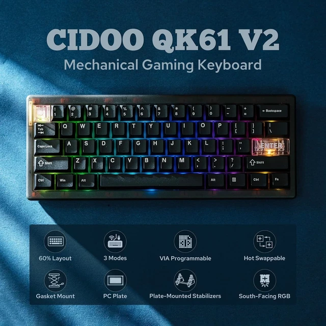 Alt view image 2 of 7 - CIDOO QK61 V2 VIA Programmable 60% Compact Keyboard, USB-C/BT5.0/2.4Ghz Wireless, Hot Swappable Custom Mechanical Keyboard with Gasket Mounted, PC Plate, 3000mAh Battery for Win/Mac (Black)
