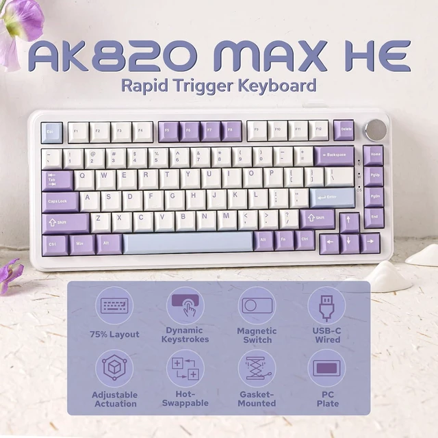 Alt view image 2 of 7 - AJAZZ AK820 MAX HE Hall Effect Magnetic Gaming Keyboard, Adjustable Actuation, 8KHz Polling Rate, Wired Rapid Fast Keyboard, Creamy Gasket, RGB Backlight, NKRO for Win/Mac (White)