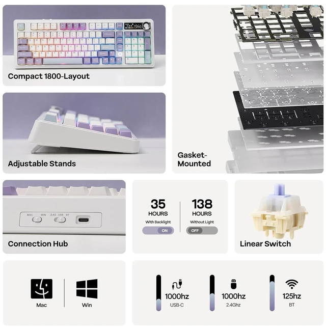 Alt view image 3 of 7 - AJAZZ AK980 V2 Mechanical Gaming Keyboard with Display Screen, 10000mAh Battery, 98% Wireless Keyboard with BT/USB-C/2.4GHz, Hot Swappable, Linear Switch, Knob, RGB for Win/Mac (White)