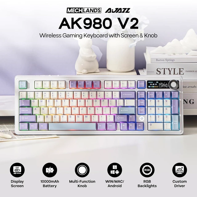 Alt view image 2 of 7 - AJAZZ AK980 V2 Mechanical Gaming Keyboard with Display Screen, 10000mAh Battery, 98% Wireless Keyboard with BT/USB-C/2.4GHz, Hot Swappable, Linear Switch, Knob, RGB for Win/Mac (White)