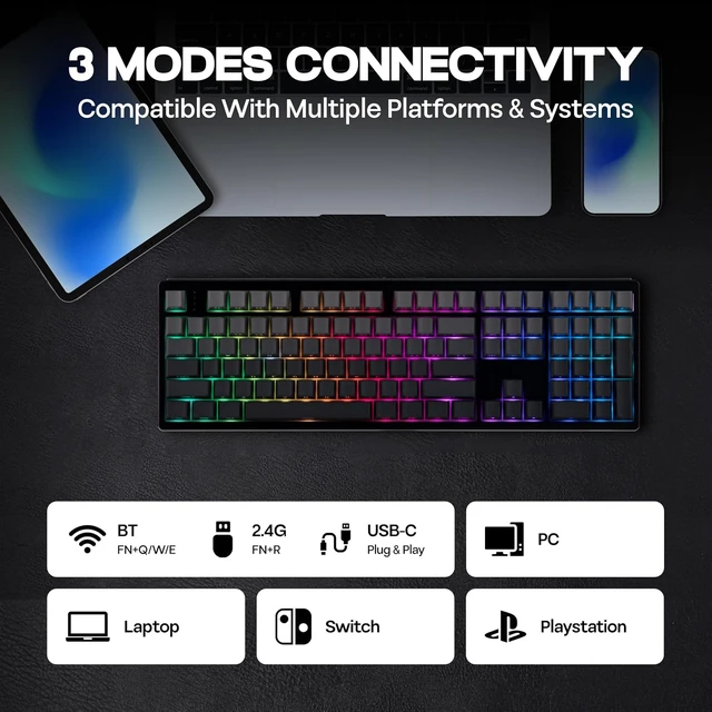 Alt view image 5 of 7 - EPOMAKER TH108 Full Size Mechanical Keyboard, Wireless Gaming Keyboard, 8000mAh Battery, Creamy Gasket, 108 Keys, Hot Swap, Custom Driver, RGB Backlights (Black, Creamy Jade Switch)