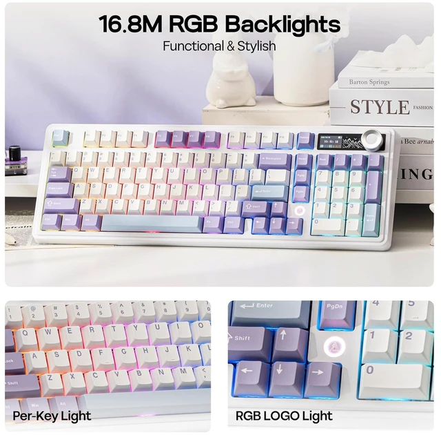 Alt view image 6 of 7 - AJAZZ AK980 V2 Mechanical Gaming Keyboard with Display Screen, 10000mAh Battery, 98% Wireless Keyboard with BT/USB-C/2.4GHz, Hot Swappable, Linear Switch, Knob, RGB for Win/Mac (White)