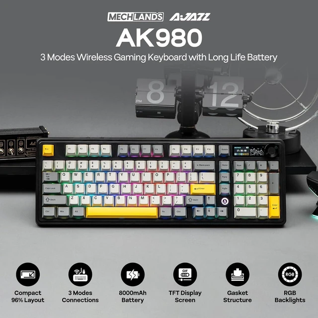 Alt view image 2 of 7 - AJAZZ AK980 V2 Mechanical Gaming Keyboard with Display Screen, 10000mAh Battery, 98% Wireless Keyboard with BT/USB-C/2.4GHz, Hot Swappable, Linear Switch, Knob, RGB for Win/Mac (Black)