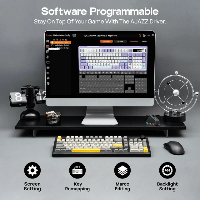 Alt view image 5 of 7 - AJAZZ AK980 V2 Mechanical Gaming Keyboard with Display Screen, 10000mAh Battery, 98% Wireless Keyboard with BT/USB-C/2.4GHz, Hot Swappable, Linear Switch, Knob, RGB for Win/Mac (Black)