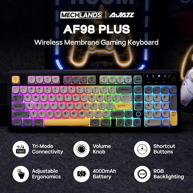 Alt view image 2 of 7 - AJAZZ AF98 Plus Membrane Keyboard, Tri-Mode Wireless Gaming Keyboard, for Win/Mac/iOS, Bluetooth 5.0/2.4G/USB-C, RGB Backlit, 4000mAh Battery, Volume Knob, Adjustable Stand (Black Grey)