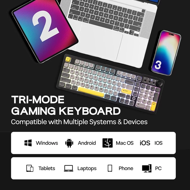 Alt view image 3 of 7 - AJAZZ AF98 Plus Membrane Keyboard, Tri-Mode Wireless Gaming Keyboard, for Win/Mac/iOS, Bluetooth 5.0/2.4G/USB-C, RGB Backlit, 4000mAh Battery, Volume Knob, Adjustable Stand (Black Grey)