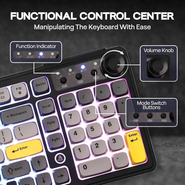 Alt view image 5 of 7 - AJAZZ AF98 Plus Membrane Keyboard, Tri-Mode Wireless Gaming Keyboard, for Win/Mac/iOS, Bluetooth 5.0/2.4G/USB-C, RGB Backlit, 4000mAh Battery, Volume Knob, Adjustable Stand (Black Grey)