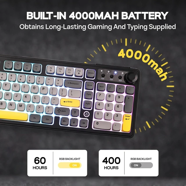 Alt view image 6 of 7 - AJAZZ AF98 Plus Membrane Keyboard, Tri-Mode Wireless Gaming Keyboard, for Win/Mac/iOS, Bluetooth 5.0/2.4G/USB-C, RGB Backlit, 4000mAh Battery, Volume Knob, Adjustable Stand (Black Grey)