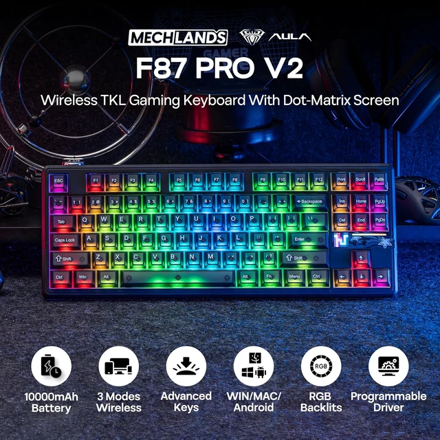 Alt view image 2 of 7 - Aula F87 PRO V2 Wireless Gaming Keyboard with 10000mAh Battery, 8K Polling, SOCD/MT/TGL, BT/2.4GHz/Wired, Hot Swap TKL Mechanical Keyboard with Creamy Gasket, RGB Backlit (Black Transparent)