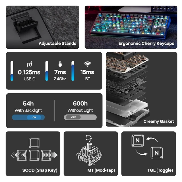 Alt view image 3 of 7 - Aula F87 PRO V2 Wireless Gaming Keyboard with 10000mAh Battery, 8K Polling, SOCD/MT/TGL, BT/2.4GHz/Wired, Hot Swap TKL Mechanical Keyboard with Creamy Gasket, RGB Backlit (Black Transparent)