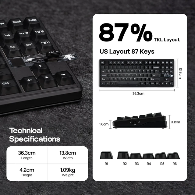 Alt view image 6 of 7 - Aula F87 PRO V2 Wireless Gaming Keyboard with 10000mAh Battery, 8K Polling, SOCD/MT/TGL, BT/2.4GHz/Wired, Hot Swap TKL Mechanical Keyboard with Creamy Gasket, RGB Backlit (Black Transparent)