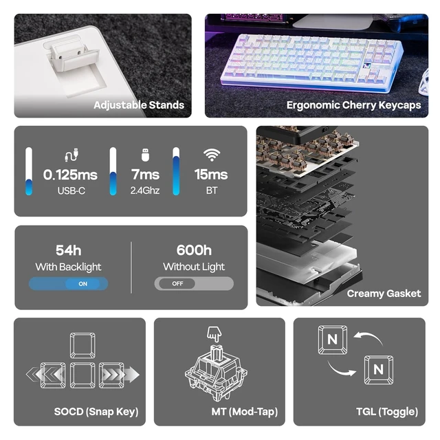 Alt view image 3 of 7 - Aula F87 PRO V2 Wireless Gaming Keyboard with 10000mAh Battery, 8K Polling, SOCD/MT/TGL, BT/2.4GHz/Wired, Hot Swap TKL Mechanical Keyboard with Creamy Gasket, RGB Backlit (White)