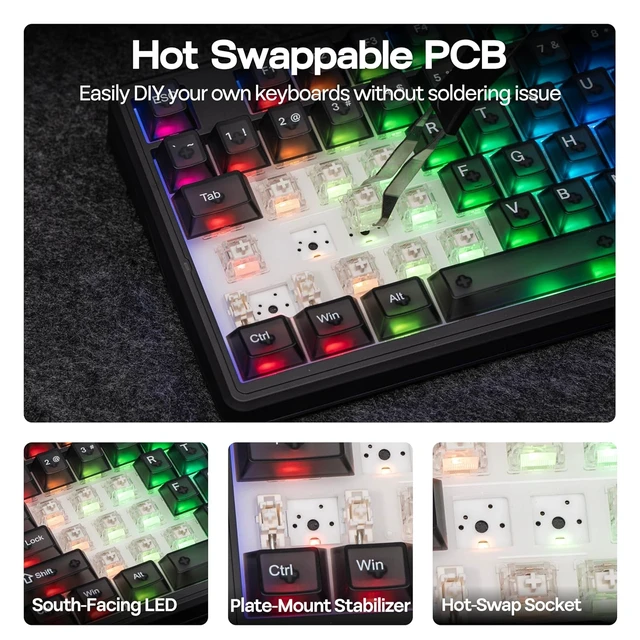 Alt view image 7 of 7 - Aula F87 PRO V2 Wireless Gaming Keyboard with 10000mAh Battery, 8K Polling, SOCD/MT/TGL, BT/2.4GHz/Wired, Hot Swap TKL Mechanical Keyboard with Creamy Gasket, RGB Backlit (Black Transparent)