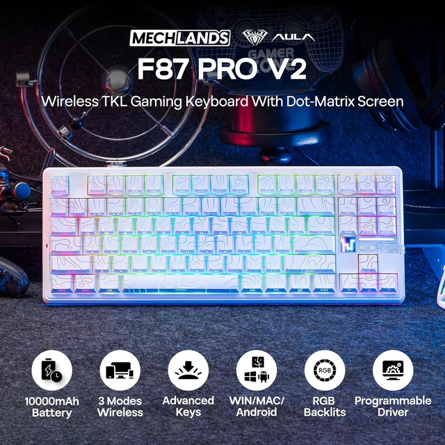 Alt view image 2 of 7 - Aula F87 PRO V2 Wireless Gaming Keyboard with 10000mAh Battery, 8K Polling, SOCD/MT/TGL, BT/2.4GHz/Wired, Hot Swap TKL Mechanical Keyboard with Creamy Gasket, RGB Backlit (White)