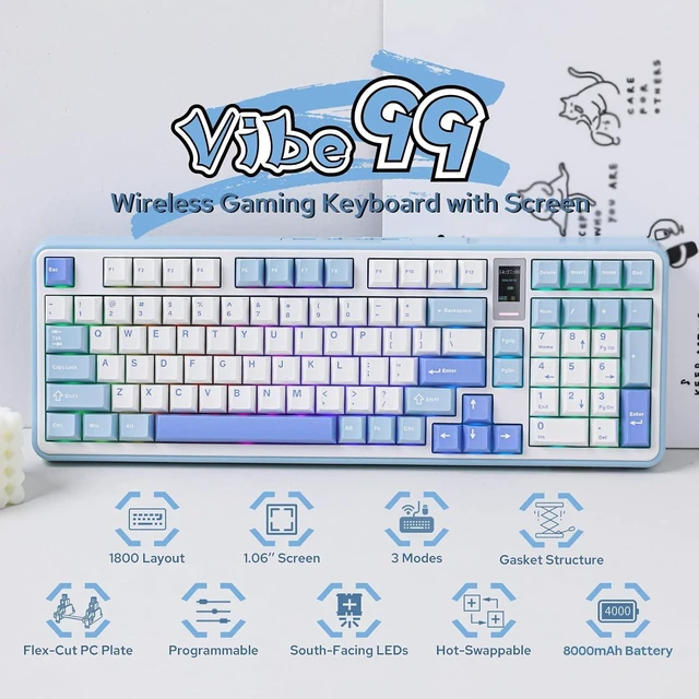 Alt view image 2 of 7 - Vibe99 Wireless Gaming Keyboard with 1.06'' Screen, 96% Hot Swappable Creamy Mechanical Keyboard with Gasket Structure, BT5.0/2.4GHz/USB-C, 5-Layer Padding, RGB, NKRO for Win/Mac (Blue)