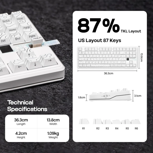 Alt view image 6 of 7 - Aula F87 PRO V2 Wireless Gaming Keyboard with 10000mAh Battery, 8K Polling, SOCD/MT/TGL, BT/2.4GHz/Wired, Hot Swap TKL Mechanical Keyboard with Creamy Gasket, RGB Backlit (White)