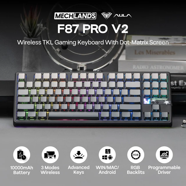 Alt view image 2 of 7 - Aula F87 PRO V2 Wireless Gaming Keyboard with 10000mAh Battery, 8K Polling, SOCD/MT/TGL, BT/2.4GHz/Wired, Hot Swap TKL Mechanical Keyboard with Creamy Gasket, RGB Backlit (Black Gradient)