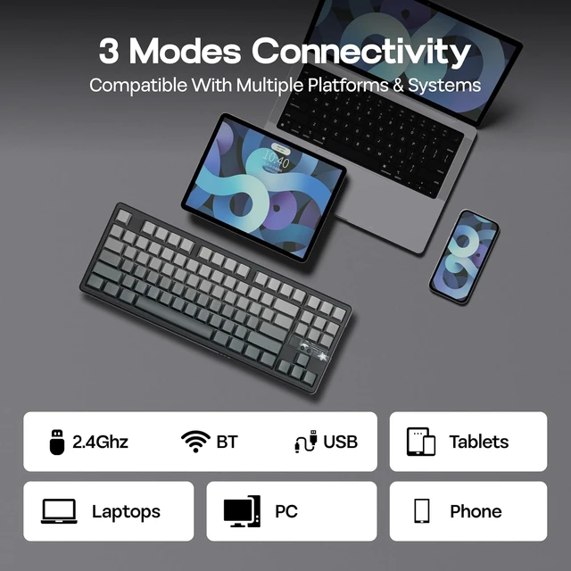 Alt view image 5 of 7 - Aula F87 PRO V2 Wireless Gaming Keyboard with 10000mAh Battery, 8K Polling, SOCD/MT/TGL, BT/2.4GHz/Wired, Hot Swap TKL Mechanical Keyboard with Creamy Gasket, RGB Backlit (Black Gradient)