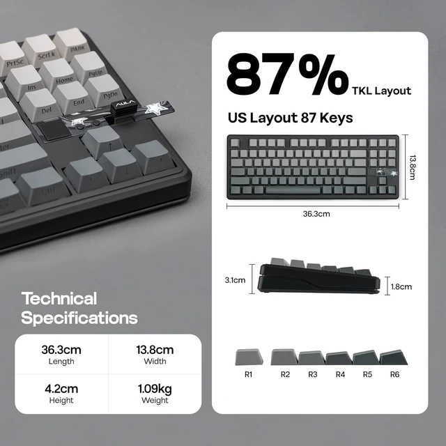 Alt view image 6 of 7 - Aula F87 PRO V2 Wireless Gaming Keyboard with 10000mAh Battery, 8K Polling, SOCD/MT/TGL, BT/2.4GHz/Wired, Hot Swap TKL Mechanical Keyboard with Creamy Gasket, RGB Backlit (Black Gradient)