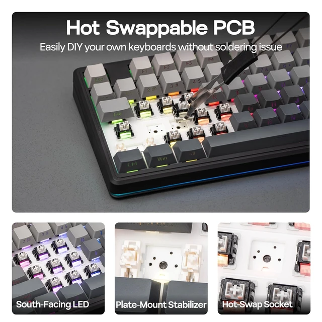 Alt view image 7 of 7 - Aula F87 PRO V2 Wireless Gaming Keyboard with 10000mAh Battery, 8K Polling, SOCD/MT/TGL, BT/2.4GHz/Wired, Hot Swap TKL Mechanical Keyboard with Creamy Gasket, RGB Backlit (Black Gradient)