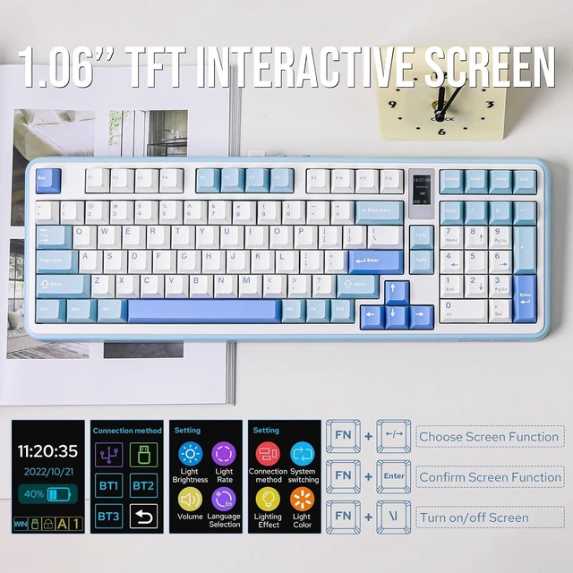 Alt view image 4 of 7 - Vibe99 Wireless Gaming Keyboard with 1.06'' Screen, 96% Hot Swappable Creamy Mechanical Keyboard with Gasket Structure, BT5.0/2.4GHz/USB-C, 5-Layer Padding, RGB, NKRO for Win/Mac (Blue)
