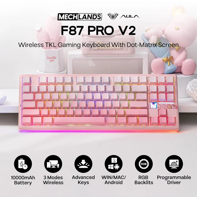 Alt view image 2 of 7 - Aula F87 PRO V2 Wireless Gaming Keyboard with 10000mAh Battery, 8K Polling, SOCD/MT/TGL, BT/2.4GHz/Wired, Hot Swap TKL Mechanical Keyboard with Creamy Gasket, RGB Backlit (Pink Gradient)