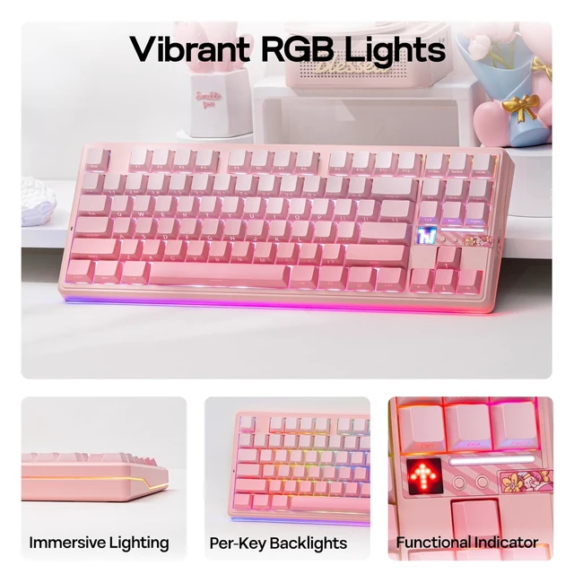 Alt view image 4 of 7 - Aula F87 PRO V2 Wireless Gaming Keyboard with 10000mAh Battery, 8K Polling, SOCD/MT/TGL, BT/2.4GHz/Wired, Hot Swap TKL Mechanical Keyboard with Creamy Gasket, RGB Backlit (Pink Gradient)