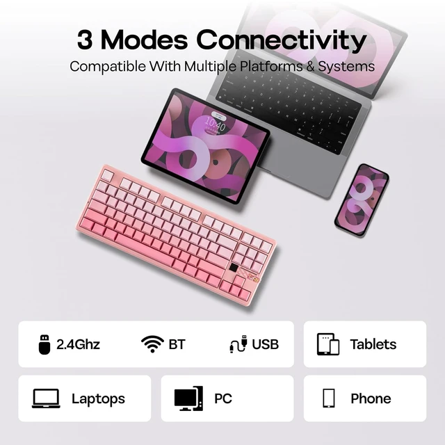 Alt view image 5 of 7 - Aula F87 PRO V2 Wireless Gaming Keyboard with 10000mAh Battery, 8K Polling, SOCD/MT/TGL, BT/2.4GHz/Wired, Hot Swap TKL Mechanical Keyboard with Creamy Gasket, RGB Backlit (Pink Gradient)