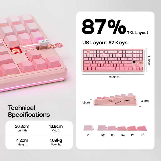 Alt view image 6 of 7 - Aula F87 PRO V2 Wireless Gaming Keyboard with 10000mAh Battery, 8K Polling, SOCD/MT/TGL, BT/2.4GHz/Wired, Hot Swap TKL Mechanical Keyboard with Creamy Gasket, RGB Backlit (Pink Gradient)