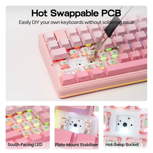 Alt view image 7 of 7 - Aula F87 PRO V2 Wireless Gaming Keyboard with 10000mAh Battery, 8K Polling, SOCD/MT/TGL, BT/2.4GHz/Wired, Hot Swap TKL Mechanical Keyboard with Creamy Gasket, RGB Backlit (Pink Gradient)