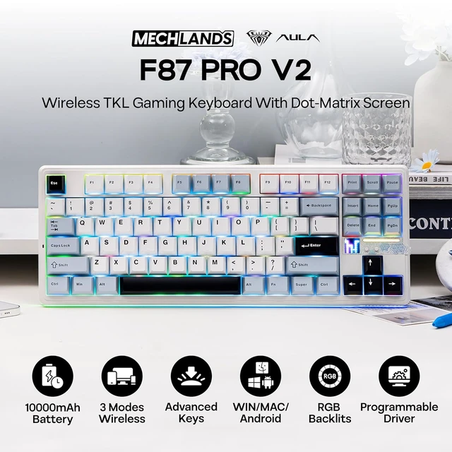 Alt view image 2 of 7 - Aula F87 PRO V2 Wireless Gaming Keyboard with 10000mAh Battery, 8K Polling, SOCD/MT/TGL, BT/2.4GHz/Wired, Hot Swap TKL Mechanical Keyboard with Creamy Gasket, RGB Backlit (White Blue)