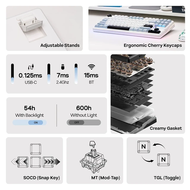 Alt view image 3 of 7 - Aula F87 PRO V2 Wireless Gaming Keyboard with 10000mAh Battery, 8K Polling, SOCD/MT/TGL, BT/2.4GHz/Wired, Hot Swap TKL Mechanical Keyboard with Creamy Gasket, RGB Backlit (White Blue)