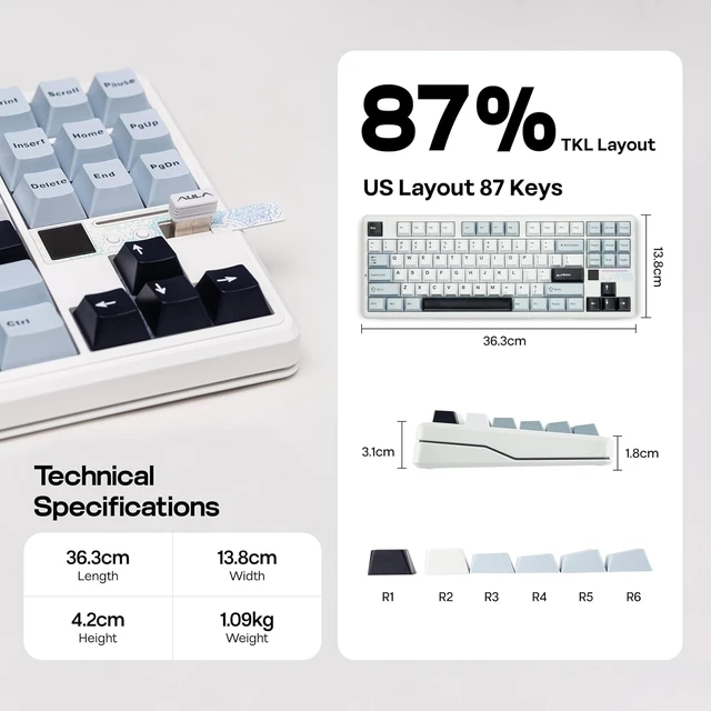 Alt view image 6 of 7 - Aula F87 PRO V2 Wireless Gaming Keyboard with 10000mAh Battery, 8K Polling, SOCD/MT/TGL, BT/2.4GHz/Wired, Hot Swap TKL Mechanical Keyboard with Creamy Gasket, RGB Backlit (White Blue)