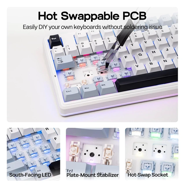 Alt view image 7 of 7 - Aula F87 PRO V2 Wireless Gaming Keyboard with 10000mAh Battery, 8K Polling, SOCD/MT/TGL, BT/2.4GHz/Wired, Hot Swap TKL Mechanical Keyboard with Creamy Gasket, RGB Backlit (White Blue)