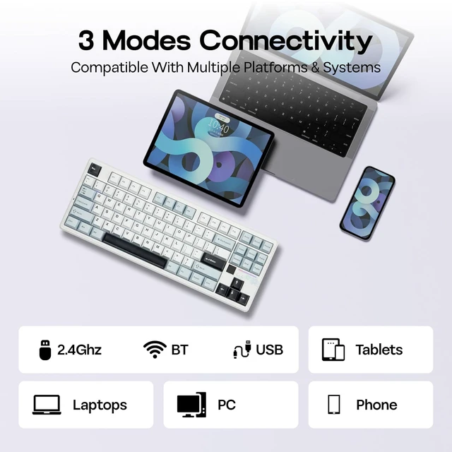 Alt view image 5 of 7 - Aula F87 PRO V2 Wireless Gaming Keyboard with 10000mAh Battery, 8K Polling, SOCD/MT/TGL, BT/2.4GHz/Wired, Hot Swap TKL Mechanical Keyboard with Creamy Gasket, RGB Backlit (White Blue)