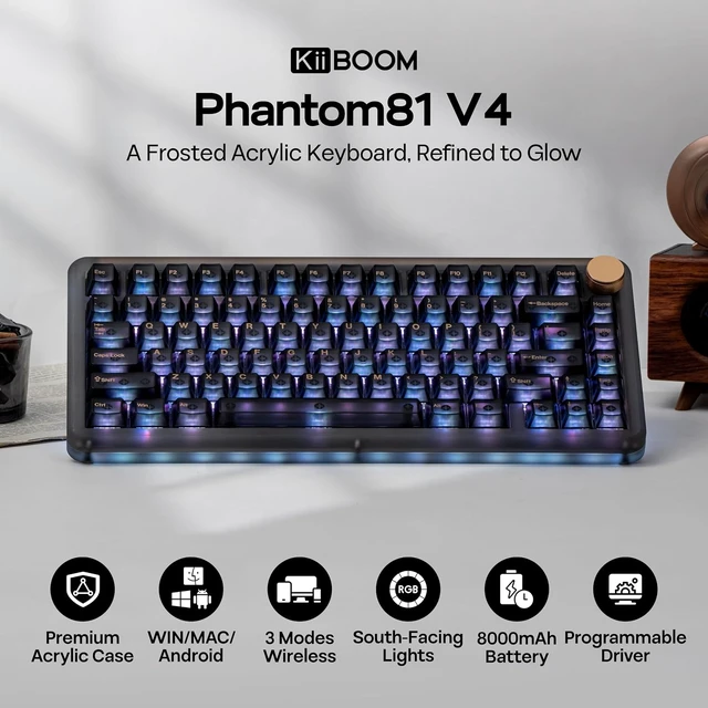 Alt view image 2 of 7 - Phantom81 V4 Acrylic Semi-Translucent Mechanical Keyboard, Creamy Gasket, 75% Wireless Gaming Keyboard with 8000mAh Battery, RGB Backlits, Hot Swap, Shine Through, NKRO, Win/Mac (Black)