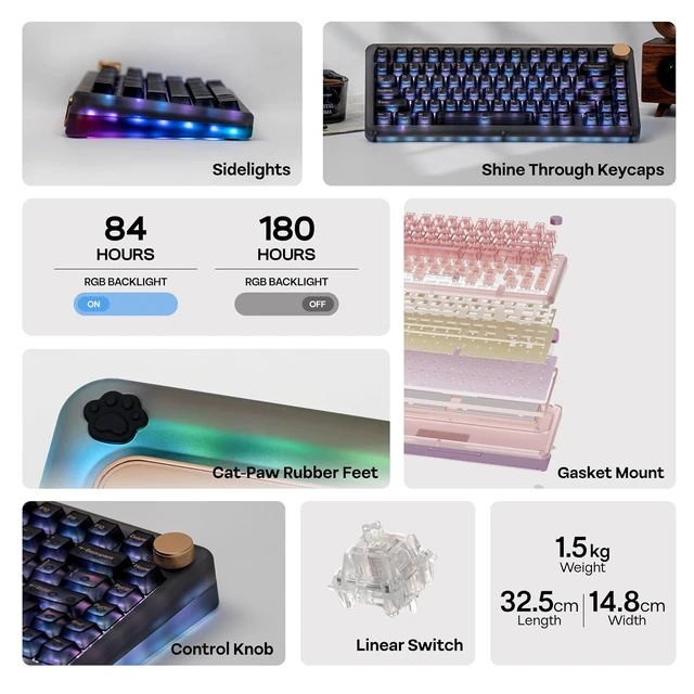 Alt view image 3 of 7 - Phantom81 V4 Acrylic Semi-Translucent Mechanical Keyboard, Creamy Gasket, 75% Wireless Gaming Keyboard with 8000mAh Battery, RGB Backlits, Hot Swap, Shine Through, NKRO, Win/Mac (Black)